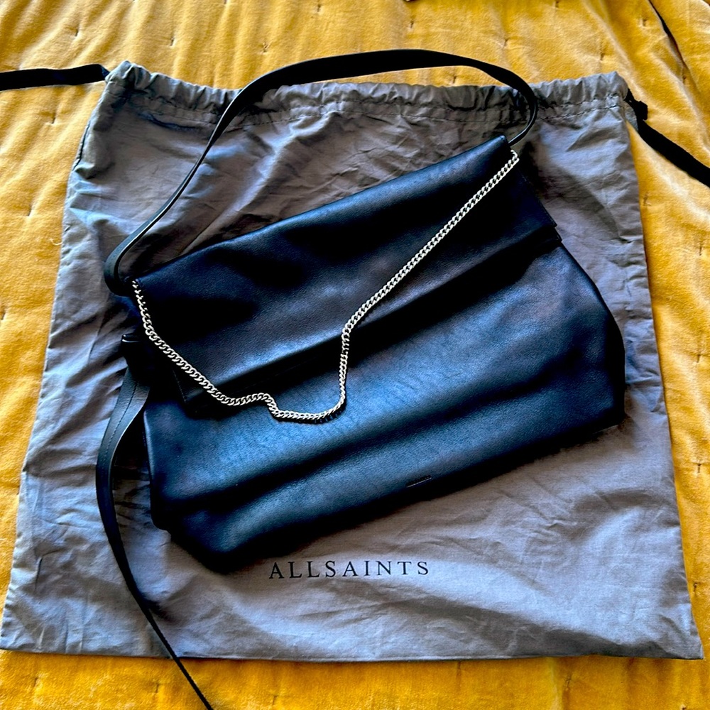 All saints, beautiful, high-quality leather black bag with silver chain